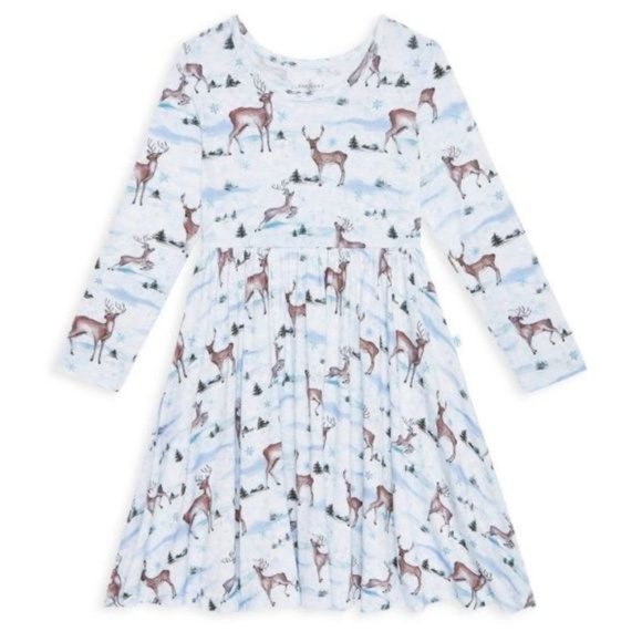 Vermont Deer in Snow Twirl Dress Long Sleeve 10 NWT